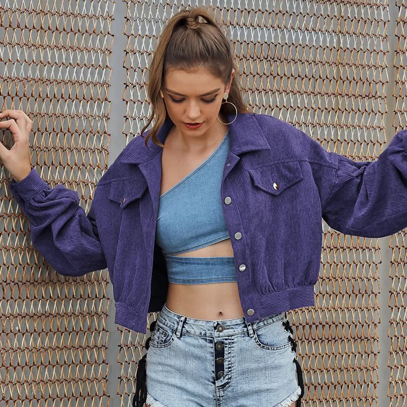 Znbbw Turn Down Collar Single Breasted Lantern Sleeve Corduroy Jacket 2023 Autumn New Women Solid Cropped Coat Jackets - Image 8