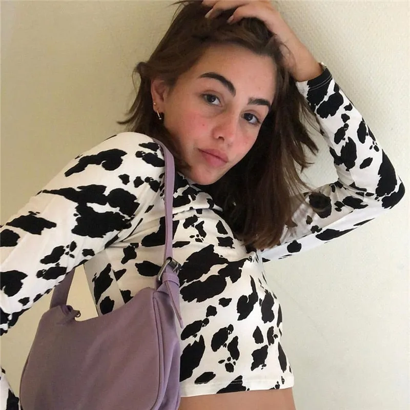 Znbbw Women Milk Cow Pattern Print Crop Tops Vintage Sexy Long Sleeve Slim Fit Holiday Fashion Casual Short T Shirts Streetwear - Image 2