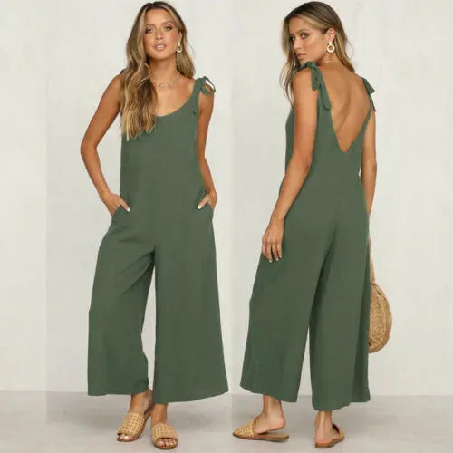 Znbbw Women Rompers 2024 Summer new Ladies Casual Clothes Loose Linen Cotton Jumpsuit Sleeveless Backless Playsuit Trousers Overalls