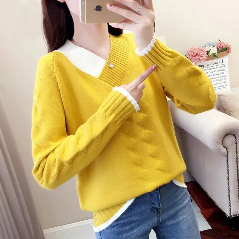 Znbbw Women's Sweaters Knitting Pullover 2024 New Autumn Winter Casual Loose Striped V-neck Knitted Sweater Female Pullovers Tops - Image 7
