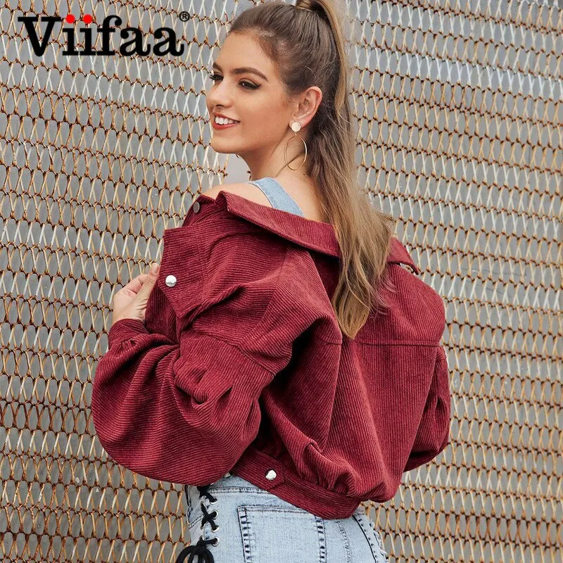 Znbbw Turn Down Collar Single Breasted Lantern Sleeve Corduroy Jacket 2023 Autumn New Women Solid Cropped Coat Jackets - Image 3