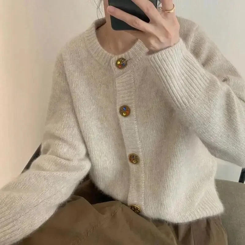 Znbbw And Autumn Fashion New Long Sleeve Round Neck Solid Color Sweater Women Western Style Loose Knit Cardigan Jacket - Image 3