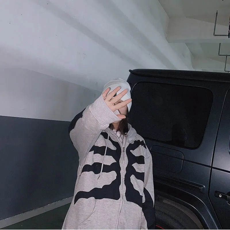 Znbbw Y2K Harajuku Korean style loose Skull print goth long-sleeved hooded coat solid color retro shirt student Sweatshirt - Image 3