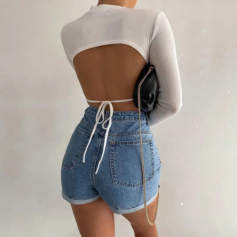 Znbbw Backless Lace-up T-Shirt Women Solid Color Tees Brief Style Round Collar Long Sleeve Slim Fit Crop Tops Lady Clubwear - Image 8