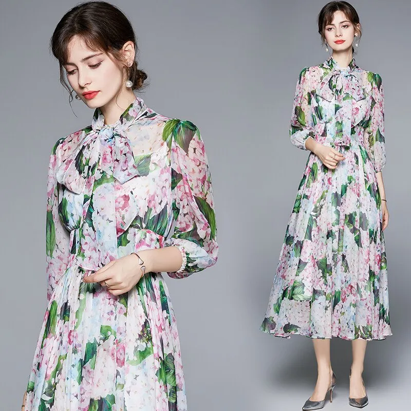 Znbbw 2023 Summer Fashion Runway Chiffon Long Dresses Women's Long sleeve Elegant Floral Print Party holidays Dress N78685 - Image 3