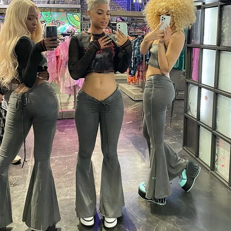 Znbbw Women Ruched Drawstring Flare Pants Sexy High Waist Wrap Hip Vintage Ladies Streetwear Casual Trousers 2023 Summer Y2K Clothes - Image 3