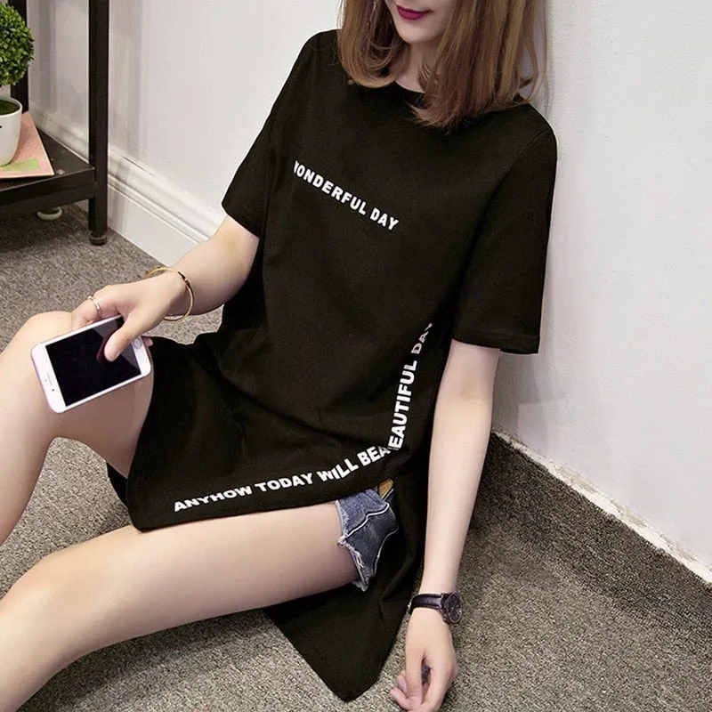 Znbbw DAY Print Long T shirts Summer Women Loose Slit Femme Tops Cotton Tshirt Short sleeve Ladies t-shirt - Image 2