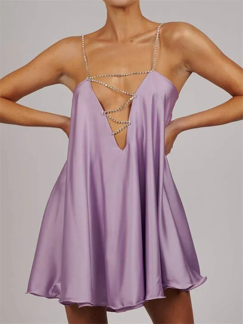 Znbbw Women???s Chain Suspender Short Dress Fashion Solid Hollow V-neck A-line Mini Flared Dress Party Club Backless Vestidos - Image 4