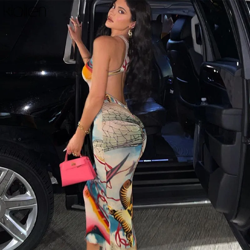 Znbbw 2023 New Sleeveless Hollow Out Straps Asymmetric Print Backless Ruched Sexy Maxi Dress Summer Women Streetwear Y2K - Image 6