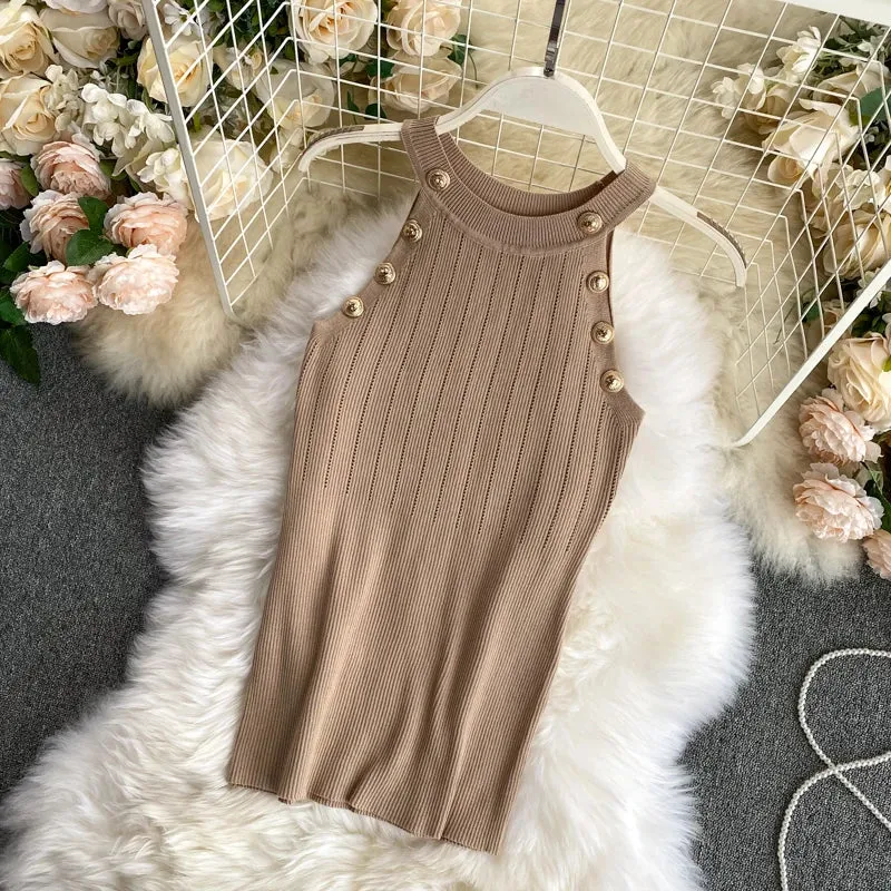 Znbbw Women's Knitting O-neck Off-shoulder Tank Tops Female Bodycon Knitted Buttons Camisole Sleeveless Tee shirts Women - Image 19