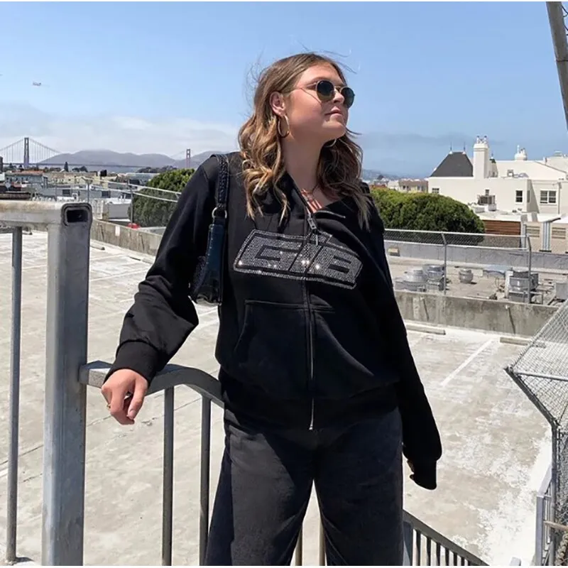 Znbbw Y2K Fashion Zipper Oversized Hoodies E-girls Vintage Solid Letter Long Sleeve Black Sweatshirts Autumn Outfits - Image 3