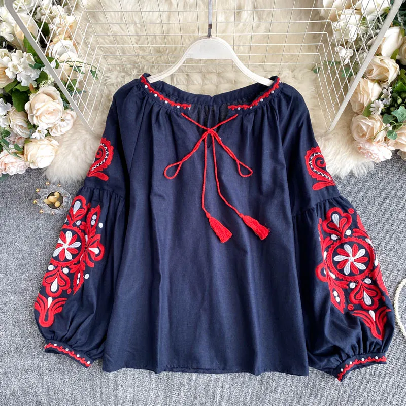 Znbbw Women's Retro Blouse National Style Embroidered Lace-Up Tassel V-Neck Lantern Sleeve Tops Loose All-Match Female Blusa GK536 - Image 2
