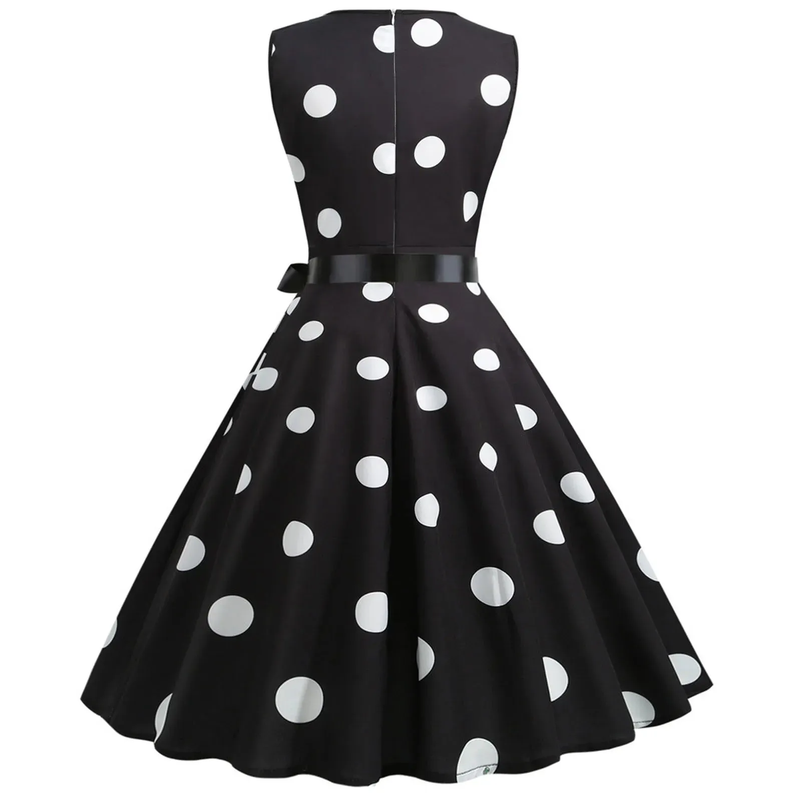 Znbbw 80s 90s Polka Dot Printed Swing Dress Women's Elegant Retro Sleeveless Deep V-Neck Party Dress Ladies Bow Bandage Dress - Image 3