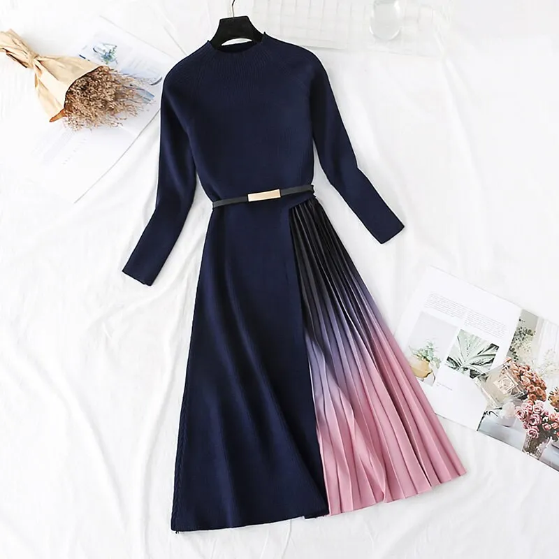 Znbbw Winter Elegant Knitted Patchwork Gradient Print Pleated Dress Women Long Sleeve Office One-Piece Sweater Dress With Belt - Image 2