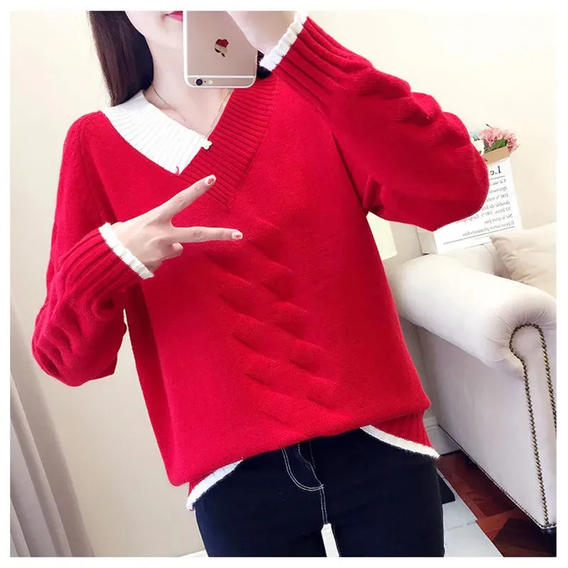 Znbbw Women's Sweaters Knitting Pullover 2024 New Autumn Winter Casual Loose Striped V-neck Knitted Sweater Female Pullovers Tops - Image 5