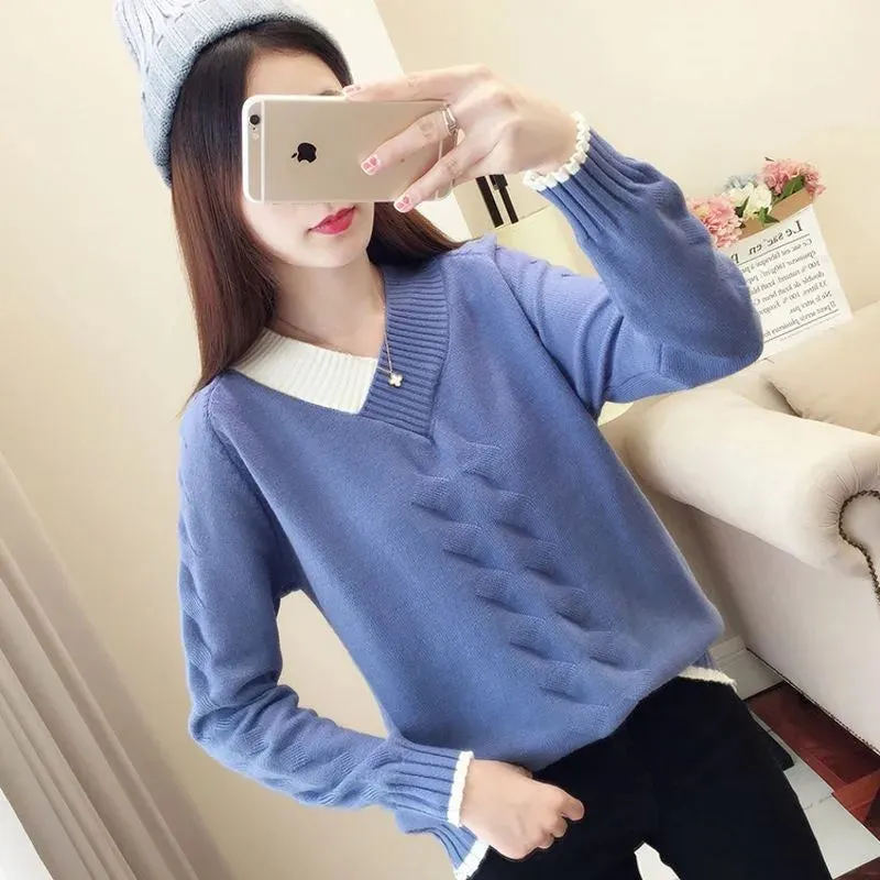 Znbbw Women's Sweaters Knitting Pullover 2024 New Autumn Winter Casual Loose Striped V-neck Knitted Sweater Female Pullovers Tops - Image 2