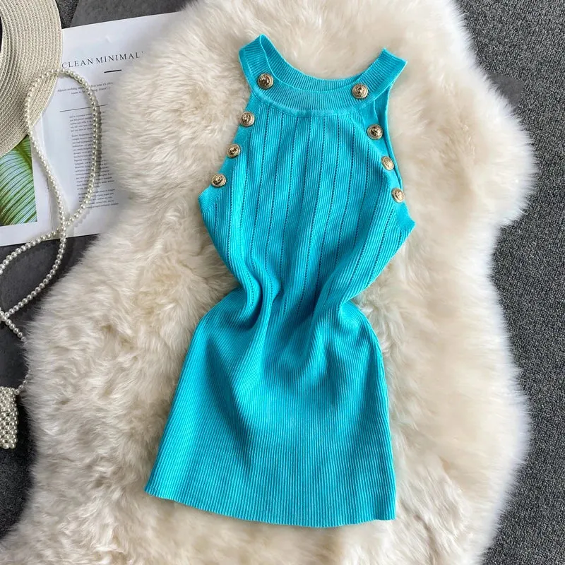 Znbbw Women Gold Buttons Halter Collar Tank Tops Female Stretchable Thin Hollow Out Camisole Sleeveless Short T-shirts Tees - Image 11