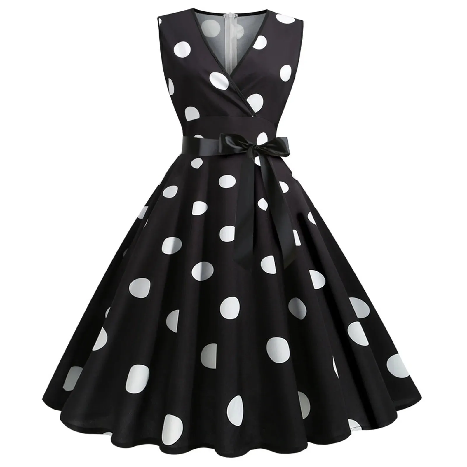 Znbbw 80s 90s Polka Dot Printed Swing Dress Women's Elegant Retro Sleeveless Deep V-Neck Party Dress Ladies Bow Bandage Dress - Image 7