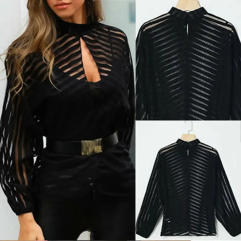 Znbbw Women Mesh Net Blouse Sheer Long Sleeve Ladies Shirt Black Front Hollow Sexy Tops Womens Clothing Summer Female Blouses hot - Image 5