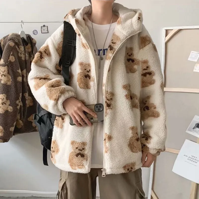 Znbbw Men Cartoon Bear Lamb Wool Hooded Coat Casual Oversized Zip Up Sweatshirt Tops 2023 Winter Men Hoodie Jacket Cute Korean Outwear - Image 3