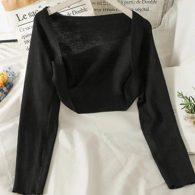 Znbbw autumn knitted cropped top 2024 new shawl long sleeve all-match sweater cardigan crop tops - Image 5