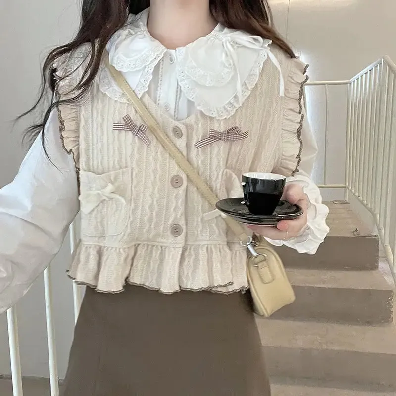 Znbbw Autumn Kawaii Sweater Vest Women Loose Bowknot Japanese Sweet Cute Knitted Vest Ruffle Korean Fashion Button-down Cardigan - Image 2