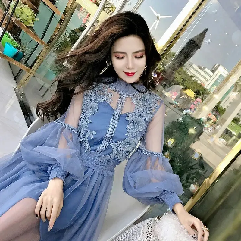 Znbbw 3D Flowers Mesh Dress 2024 Spring Summer Women Fairy Two Pieces Knee Length Solid Dresses Female Midi Dress