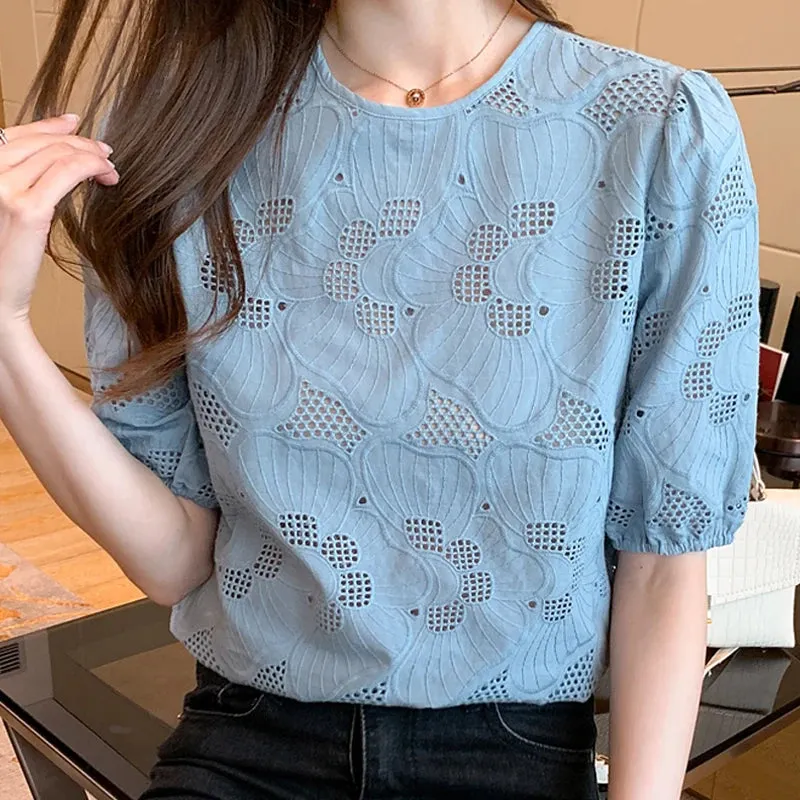 Znbbw Women White Blouse Tops Short Sleeve Hollow Chiffon Blouse Shirt Blouse Women Blusas Mujer De Moda 2023 Blouses Top E949 - Image 4