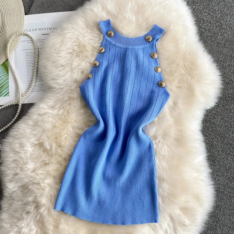 Znbbw Women Gold Buttons Halter Collar Tank Tops Female Stretchable Thin Hollow Out Camisole Sleeveless Short T-shirts Tees - Image 9