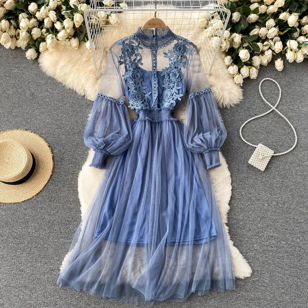 Znbbw 3D Flowers Mesh Dress 2024 Spring Summer Women Fairy Two Pieces Knee Length Solid Dresses Female Midi Dress - Image 3