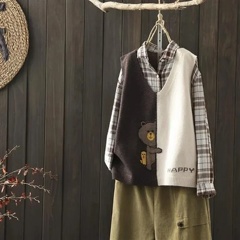 Znbbw and autumn new simple color matching knitted vest women loose wild V-neck cartoon pattern knitted sweater - Image 7