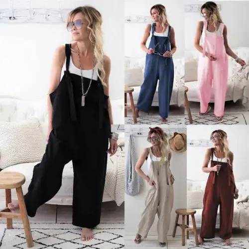 Znbbw 2024 New Brand Women Casual Loose Cotton Linen Solid Pockets Jumpsuit Overalls Wide Leg Cropped Pants hot - Image 2