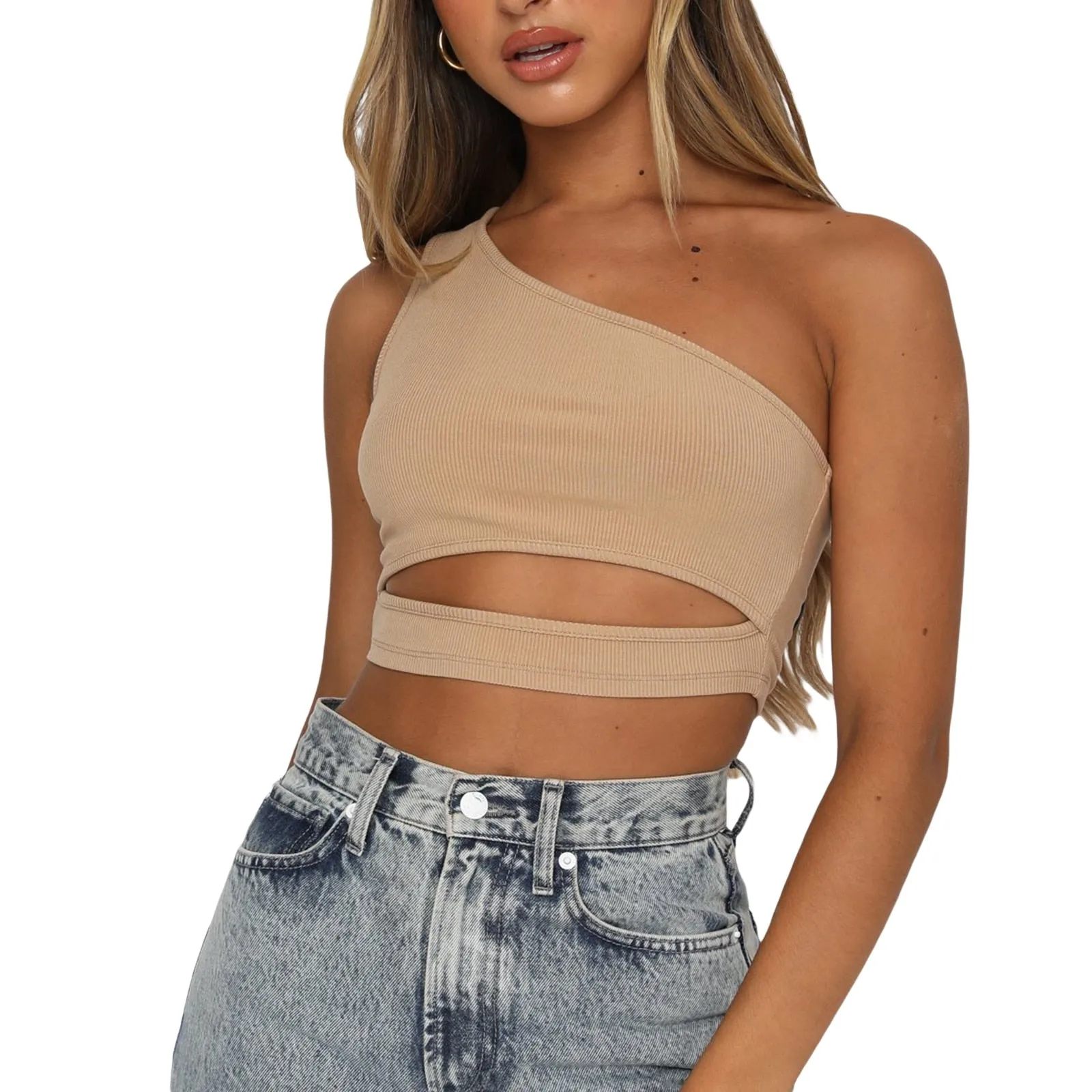 Znbbw Women One Shoulder Tank Tops Summer Solid Collar Hollow Out Vest Slim Sleeveless Crop Tops Casual Female Streetwear Straps Tanks - Image 2