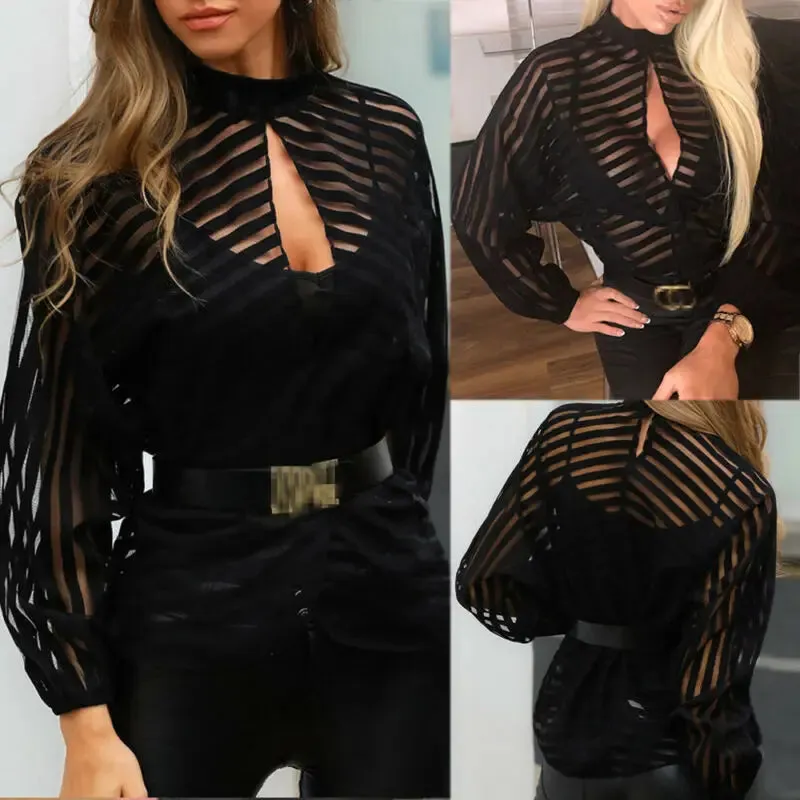 Znbbw Women Mesh Net Blouse Sheer Long Sleeve Ladies Shirt Black Front Hollow Sexy Tops Womens Clothing Summer Female Blouses hot - Image 2