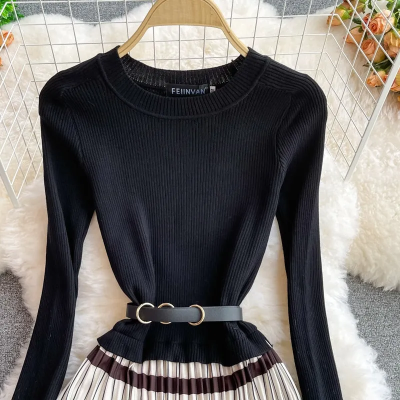Znbbw 2023 Autumn Elegant Knitted Patchwork Contrast Pleated Dress Women Long Sleeve Office Lady Sweater Midi Dress With Belt - Image 3