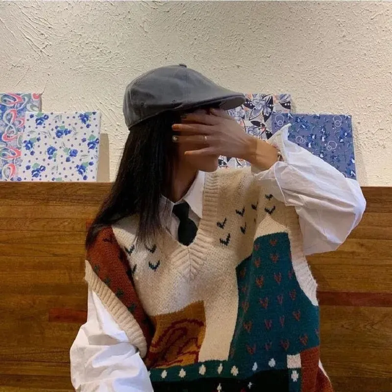 znbbw 2023 Autumn Street Style Patchowork Knit V Neck Women's Sweater Y2K Sleeveless Ladies Vest Winter Loose Female Clothing - Image 6