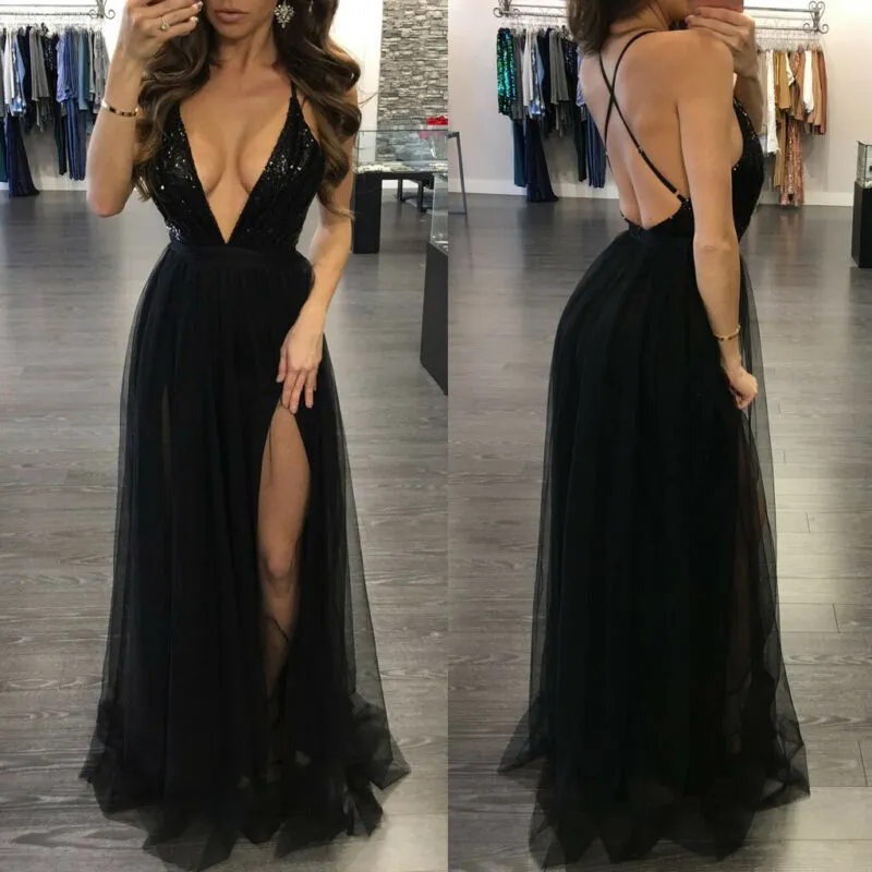 Znbbw Elegant Ladies Women Sleeveless Sequins Glitter Deep V Neck Backless Lace Up High Waist Evening Party Maxi Slip Dress