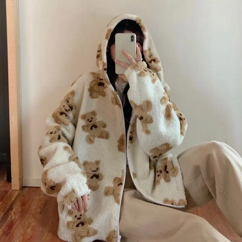Znbbw New Cartoon Bear Lamb Zip Up Hoodie Women Hooded Coat Casual Oversized Sweatshirt Tops Female Hoodie Jacket Cute Teddy Coat - Image 3