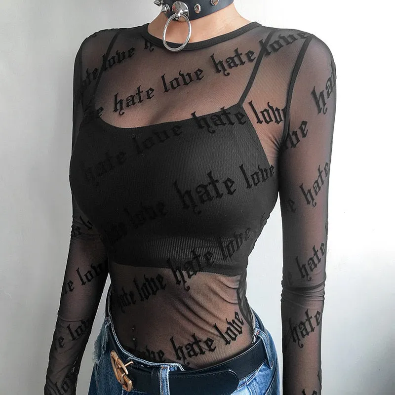 Znbbw Women Mesh T-Shirts See-Through Perspective Tshirt Letter Printed O Neck Transparent Long Sleeve T Shirt Tops Women - Image 2