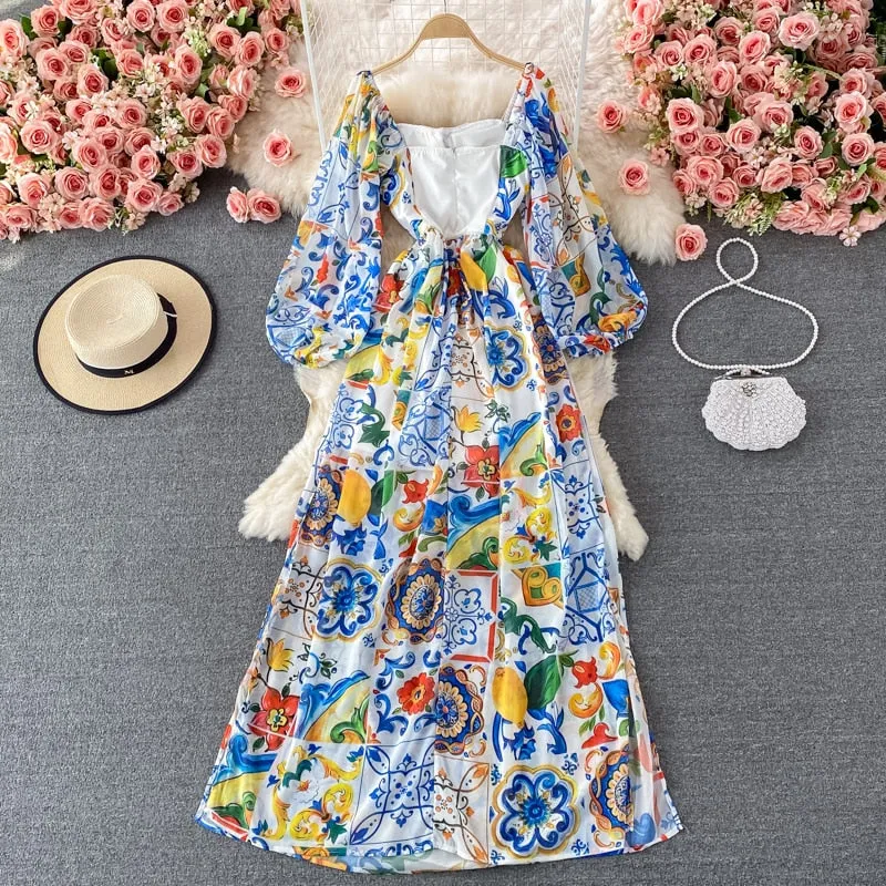 Znbbw 2023 Fashion Designer Boho Maxi Dress Women's Long Lantern Sleeve Blue and white porcelain Floral Print Party Long Dress - Image 2