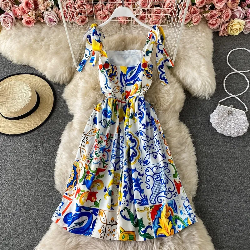 Znbbw 2023 HOT Summer Runway Boho Dress Women's Bow Spaghetti Strap Backless Blue and White Porcelain Floral Print Mini Dress 0410 - Image 2