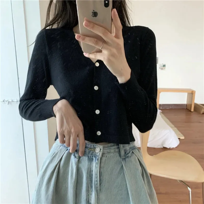 Znbbw Women V-Neck Knitted Casual Short Sweaters Cardigans Lady Full Sleeve Thin Cardigan Outwear Crop Top for Female - Image 7