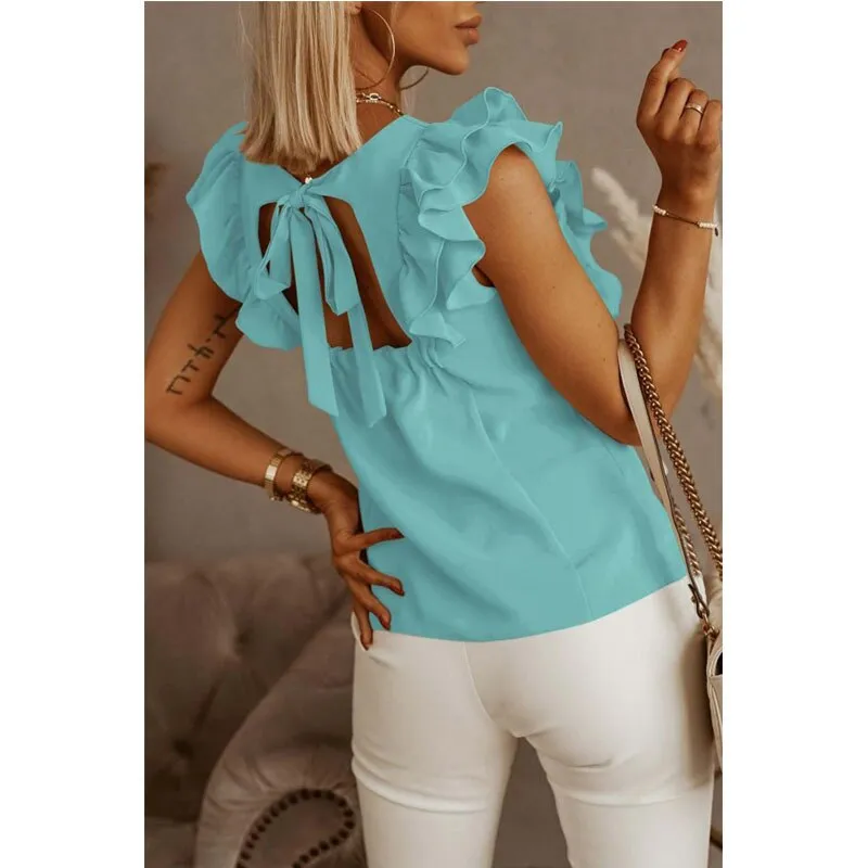 Znbbw Short Sleeve Backless Lace Up Women Blouse Solid O-neck Lady Blouses Summer Loose Casual Fashion - Image 3