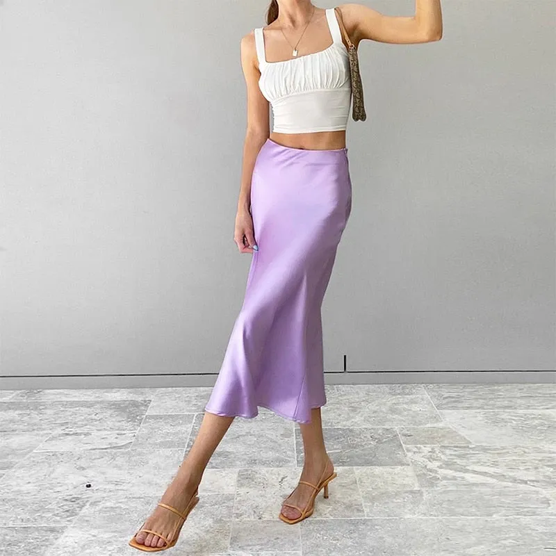 Znbbw Purple Satin Silk Skirt Women High Waisted Summer Long Skirt New 2023 Elegant Ladies Office Skirts Midi Spring - Image 2