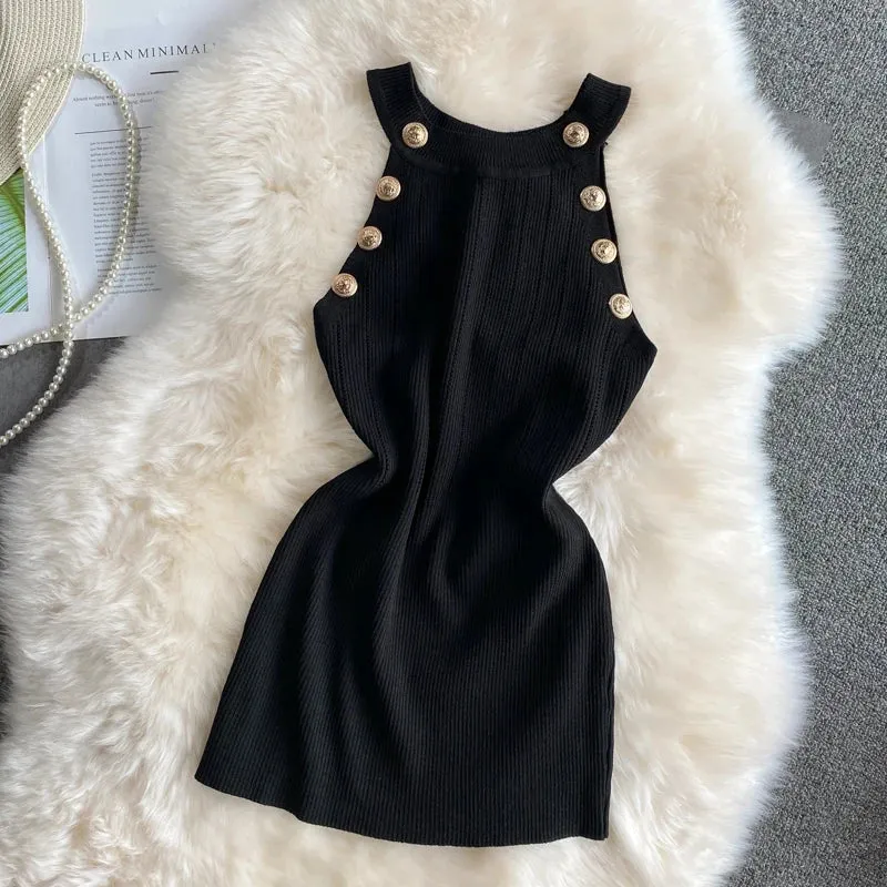 Znbbw Women Gold Buttons Halter Collar Tank Tops Female Stretchable Thin Hollow Out Camisole Sleeveless Short T-shirts Tees - Image 7