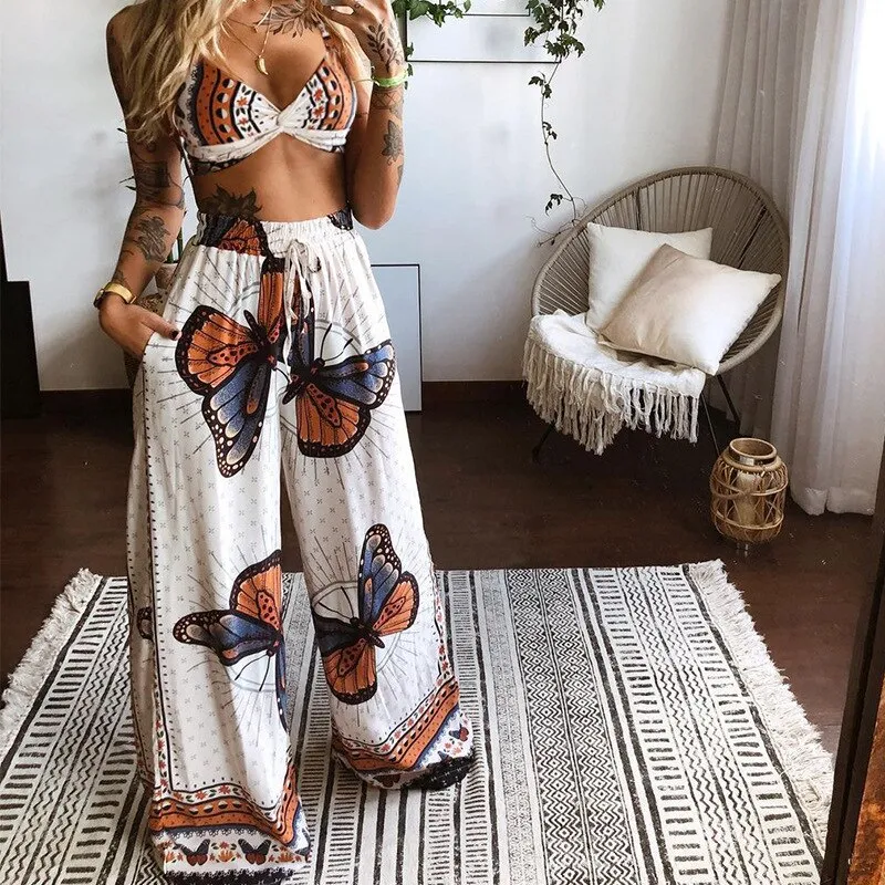 Znbbw Women Boho Butterfly Print 2 Piece Set Beach Holiday Casual Outfits Summer Sexy V Neck Camisole Crop Tops+Wide Leg Pants