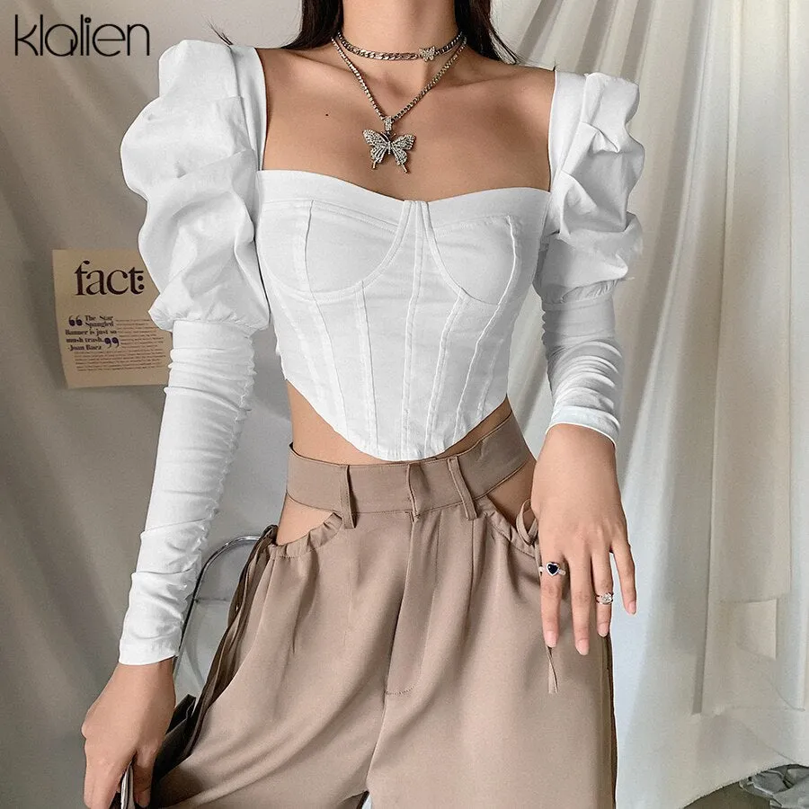 Znbbw 2023 Spring Fashion Elegant Puff Sleeve Square Collar T Shirt Women Skinny Casual Streetwear Crop Corset Top Ladies - Image 4