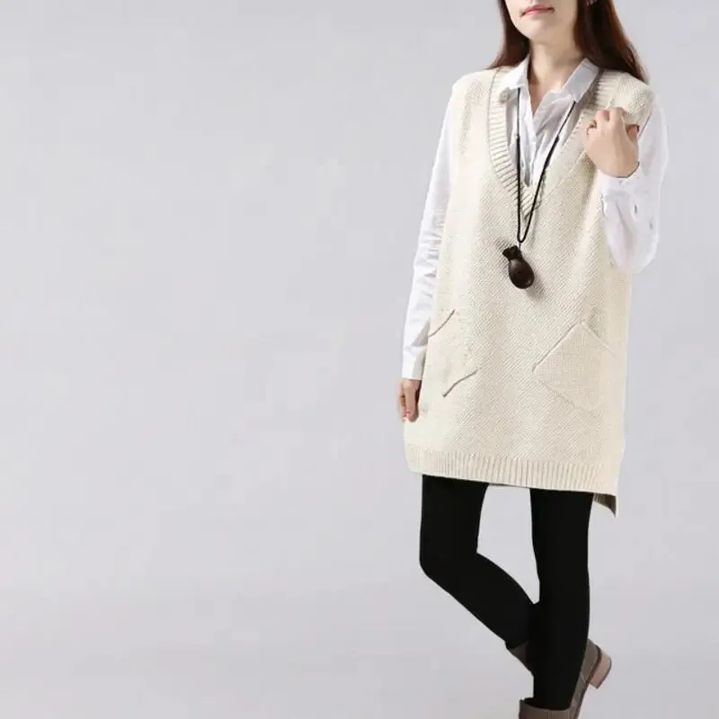 Znbbw Women Sweater Spring Autumn New Korean Women's V-neck Knit Long A-shaped Pocket Vest Pullover Sleeveless - Image 6