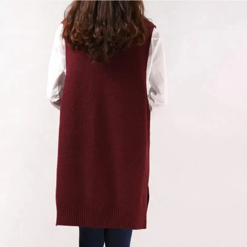 Znbbw Women Sweater Spring Autumn New Korean Women's V-neck Knit Long A-shaped Pocket Vest Pullover Sleeveless - Image 2