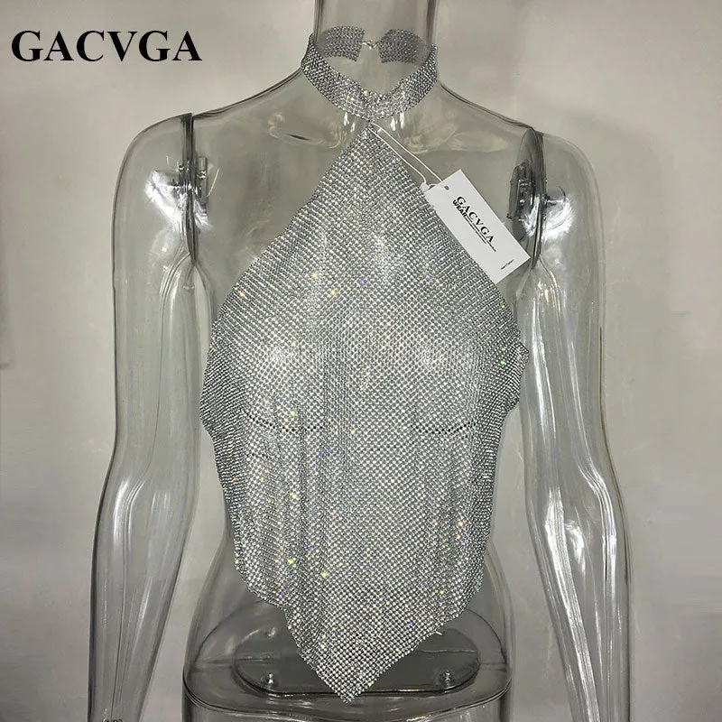 Znbbw 2023 Shinning Crystal Diamond Crop Top Summer Beach Backless T Shirt Halter Sexy Tops Party Camis Women Tank Top Blusa - Image 2